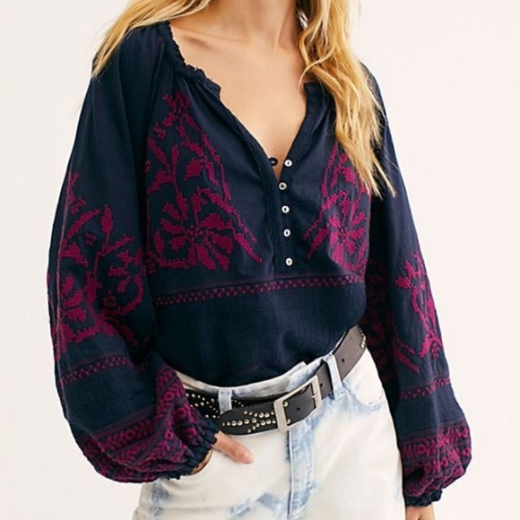 Free People Tops - Free People Persuasion Embroidered Long Sleeve Peasant Top